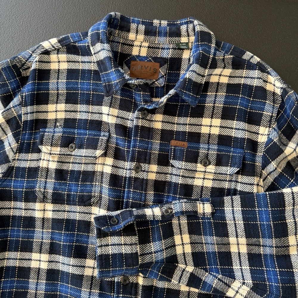 Orvis Flannel Shirt Mens XL Blue Plaid Heavyweight Cotton Button Down Pocket